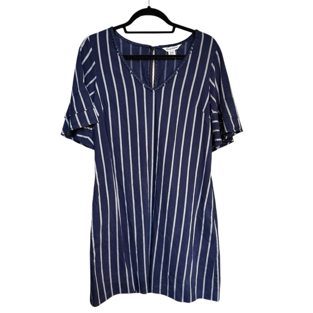 Tommy‎ Bahama Navy White Vista Stripe Flutter Sleeve Dress Size Medium - Picture 3 of 13